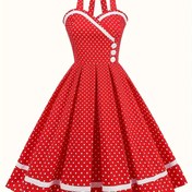 Resim Kadınlar için Retro Polka Dot Halter Neck Elbise, 50'li Stil Zarif Beli Dikmeli Tam Etek, Tüm Mevsimler için Polyester 100%, Dokuma Kumaş, 180g/m², Sahte Düğmelerle, Günlük ve Parti Giyim için Çok Yönlü 