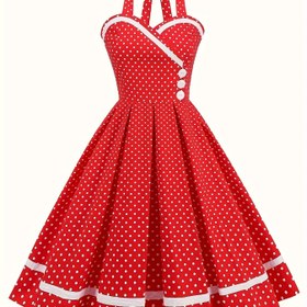 Resim Kadınlar için Retro Polka Dot Halter Neck Elbise, 50'li Stil Zarif Beli Dikmeli Tam Etek, Tüm Mevsimler için Polyester 100%, Dokuma Kumaş, 180g/m², Sahte Düğmelerle, Günlük ve Parti Giyim için Çok Yönlü 