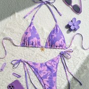 Resim Kadife Detaylı Metal Çiçek Kolyeli ve Bağcıklı Detaylı Kolsuz Çiçek Baskılı Halter Boyun Bikini Seti - Esnek Kumaş, Plaj ve Havuz Kenarı İçin Mükemmel, Havuz Kenarı Kıyafeti | Çiçek Baskılı Bikini | Yüksek Esneklikli Kumaş 