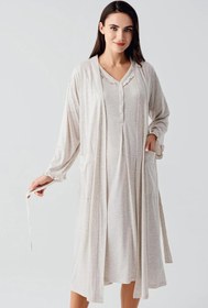 Resim Kısa Kollu Düğmeli Pamuklu Hamile Sabahlık Gecelik Takım 17400 - Kahverengi / M 