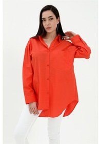 Resim Tek Cepli Kolları Katlı Oversize Kalın Keten Gömlek - Turuncu-turuncu Turuncu 