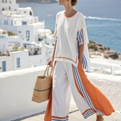 Resim Kadınların Şık Tatil Çizgili Üst ve Pantolon Takımı - Beyaz, Mavi ve Yeşil Dikey Çizgilerle, Kısa Kollu, Bol Kesim, Polyester, Bahar/Yaz İçin Mükemmel, Rahat Kıyafet|Çizgili Desen|Polyester Kumaş 