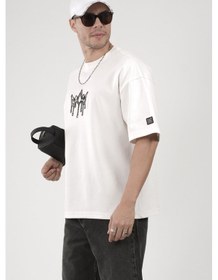 Resim King-Brich Bisiklet Yaka Taşlı Logo Detaylı Oversize Kalıp Erkek Tişört Beyaz 