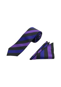 Resim Brianze Antrasit Lila Mor Çizgili Kravat Mendil Set Antrasit - Mor 