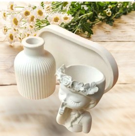 Resim Bohem Dekor Seti Çiçekli Kız Biblo, Çizgili Vazo Ve Sunum Tepsi 