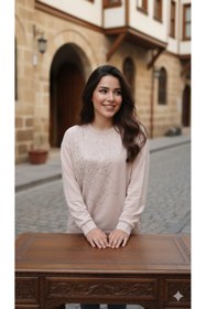 Resim Butik Triko Görünümlü Taş Baskılı Bisiklet Yaka Tesettür Tunik Bluz 