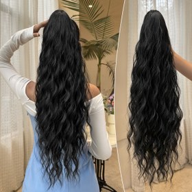 Resim saç tokası Şeklinde At Kuyruğu Ek Parçası Siyah 71.12 cm Uzun Su Dalgası Isıya Dayanıklı Elyaf Sentetik At Kuyruğu Peruk, Kısa Saç Aksesuarları Kadınların Günlük Kullanımı İçin Uygundur 