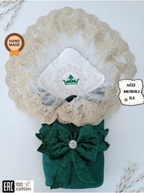 Resim Dantelli Taçlı Bebek Kundağı Unisex Bebek Dış Kundak Battaniyesi Hastane Çıkışı Mevlütlük Kundak Yeşil 