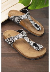 Resim Khayt Star Anatomik Ortopedik Parmak Arası Günlük Kadın Terlik Siyah - Beyaz - Yılan 