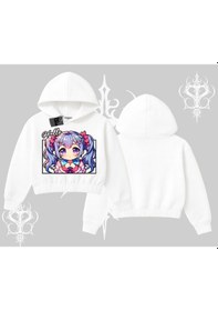 Resim Kapşonlu Crop Sweatshirt Hello Anime Kız Sevimli Karakter Baskılı Beyaz 