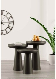 Resim Siyah Renk Doğal Ahşap 3 Lü Mantar Sehpa Seti Zigon Fiskos Siyah 