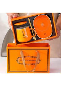 Resim Elektrikli Kahve Isıtıcılı Şık Kahve Fincanı Seti Karıştırıcı Kaşık Ve Isıtma Tabağı Hediyelik Set Turuncu 