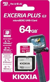 Resim Kioxia 64GB Exceria Plus G3 Micro SDXC V30 A2 4K 210MB/90MB/sn Hafıza Kartı - SD Adaptörlü (LMPL3M064GG2) 