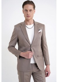 Resim Efor Slim Fit Mono Yaka %97 Tencel Kumaş Çift Yırtmaç Esnek Bej Takım Elbise Tk 941 