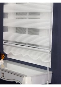 Resim Ekru Mat Beyazı Geniş Pliseli Zebra Stor Perde Etek Dilimli Alüminyum Kasa Metal Ayak Beyaz 