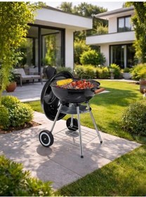 Resim Yuvarlak Kömürlü Mangal Ahşap Kulplu Tekerlekli Mangal 44 Cm 