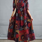 Resim Büyük Beden - Kadınlar için Bohem Tarzı Çiçek Desenli Maxi Elbise - Uzun Kollu, Bol Kesim, Yuvarlak Yaka, Rahat Stil, Kahverengi ve Kırmızı Desen, Bahar/Yaz/Sonbahar için Mükemmel, Rahat Yaz Elbisesi | Bohem Tarzı | Esnek Olmayan Kumaş 