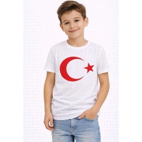 Resim Erkek Çocuk Tişört Bisiklet Yaka Ay Yıldız Bayrak Baskılı T-Shirt - Beyaz 