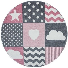 Resim Kalp - Yıldız - Bulut Desen Kolay Bakım Çocuk Halısı Pembe 