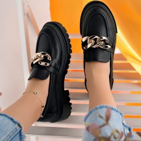 Resim StWenn Kadın Siyah Zincirli Kalın Taban Loafer Makosen Ayakkabı Gold Zincir 