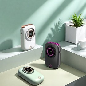 Resim USB Şarjlı Boyun ve Bel Asılı Cep Kamera Fanı, 5 Hız Ayarlanabilir Rüzgar Hızı LED Ekranlı, Açık Hava Sporları Kamp Ofis Sınıf Yurt Kullanımı İçin Uygun 