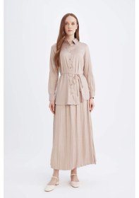 Resim DeFacto Relax Fit Gömlek Yaka Basic Düz Saten Beli Bağcıklı Uzun Kollu Gömlek Tunik D7202AX24WNBG705 Bej 