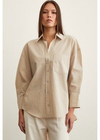 Resim Never More Çizgili Oversize Kadın Gömlek Bej 