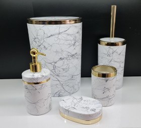 Resim 5 Parça Akrilik Gold Çizgi Granit Desen Soft Yuvarlak Banyo Seti Mat Beyaz 