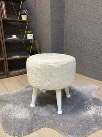 Resim Asedia Miskin Lake Teddy Krem Ahşap Ayaklı Peluş Puf Makyaj Koltuğu Yuvarlak Tabure 