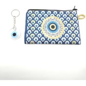 Resim Ennea Art Nazar Boncuğu Temalı Kumaş Cüzdan Saydam Anahtarlık/dikiz Ayna Süsü El Yapımı Ikili Hediyelik Set 