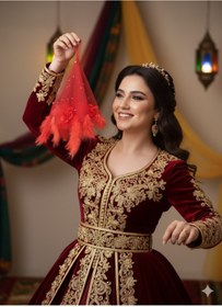 Resim Happyline Kırmızı Tüylü Gelin Bride Düğün Kına Halay Mendili Gelin Duvak 