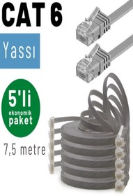 Resim IRENIS Gri Yassı Ethernet Network Lan Internet Kablosu 7.50 mt 5 adet Cat6 