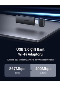 Resim Ugreen Ac1300 Usb 3.0 1300mbps 2.4/5ghz Wi-fi Kablosuz Alıcı Ağ Adaptörü, 50340 