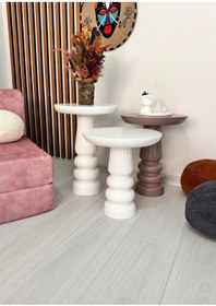 Resim AYLESA Doğal Ahşap 3’lü Set Mantar Yan Sehpa Modern Renkli Fiskos Zigon Çiçeklik 