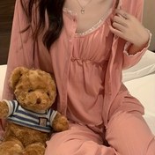 Resim Bahar/Sonbahar Kadın Üç Parça Pembe Sevimli Pijama Takımı, Düz Renk, Uzun Kollu, Uzun Boy, Düğme Detayları, Yuvarlak Yaka, Kemer Yok, Yetişkinler İçin 