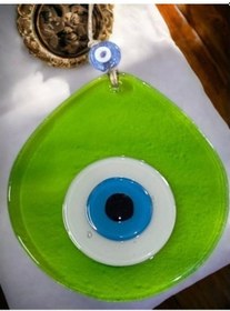 Resim Mavi Nazar Boncuklu Şeffaf Açık Yeşil Renk Nazar Boncuklu Damla Desen El Yapımı Duvar Süsü 