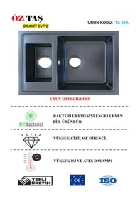 Resim Öztaş TA-60a Granit Mutfak Eviye Antrasit Tek Gözlü 485 x 595 MM 
