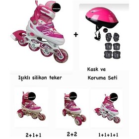 Resim Işıklı Çocuk Pateni Ayarlanılabilir Silikon Tekerli Frenli Metal Gövdeli Paten Ve Kask Dizlik Set Pembe 