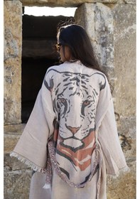 Resim Elif Towels Özel Tasarım Ekru Renk Kaplan Desenli Kimono Kaftan Ekru 