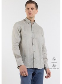 Resim İmza Vizon Keten Düğmeli Yaka Uzun Kol Cepsiz Slim Fit Keten Gömlek 1004260161 2XL 