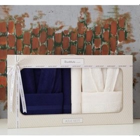 Resim Özdilek Krem Lacivert Branch Aile Bornoz Seti Krem 