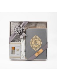 Resim Takke + Esans + Tesbih + Seccade + Kadife Kuran Hediye Seti Hafız Boy, Gri 