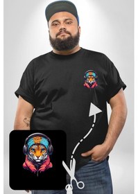 Resim Angemiel Kulaklık Kedi Leopar Bandana Siyah Büyük Beden Kadın Basic Minimal Baskılı Tişört Siyah 