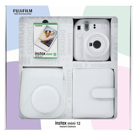 Resim Fujifilm Instax mini 12 Beyaz Fotoğraf Makinesi 10'lu Film Kare Albüm ve Deri Kılıf Bundle Box 