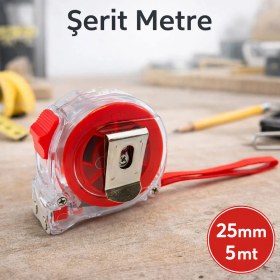 Resim Badem10 Şeffaf Kilitli Şerit Metre 5 Metre 25 mm Dayanıklı Gövde Hassas Ölçüm Ev Iş ve Profesyonel Kullanım 