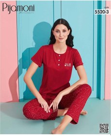 Resim Pijamoni Kadın Viskoz Likralı Düğme Yaka Kaşkorse Patlı Kısa Kol Pijama Takımı 5520-3 / 1 Adet Kırmızı 