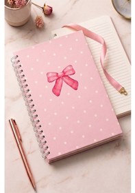 Resim Kurdele Desenli Sert Kapak Spiralli Çizgili Defter 17x24cm 120 Yaprak 1 Adet Not Defteri Okul Büro Ofis Defteri Pembe 