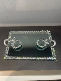 Resim Dekoratif Kristal Cam Ayna Dikdörtgen Sunum Tepsisi Gümüş 