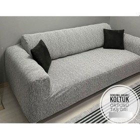 Resim Düz Jakarlı 3 Kişilik Taş-gri Kanepe Örtüsü Lastikli Koltuk Örtüsü Çekyat Örtüsü Koltuk Kılıfı Krem 