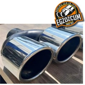 Resim Egzozcum 90 mm Çift Çıkış Eşit Yuvarlak Verev Kesim Krom Sessiz Egzoz Ucu Eksoz Çıkışı 1 Adet 